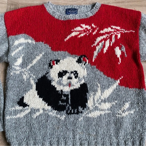 Vintage Woolrich knit pullover sweater Panda Bear bamboo detail 100% pure wool - Picture 4 of 10